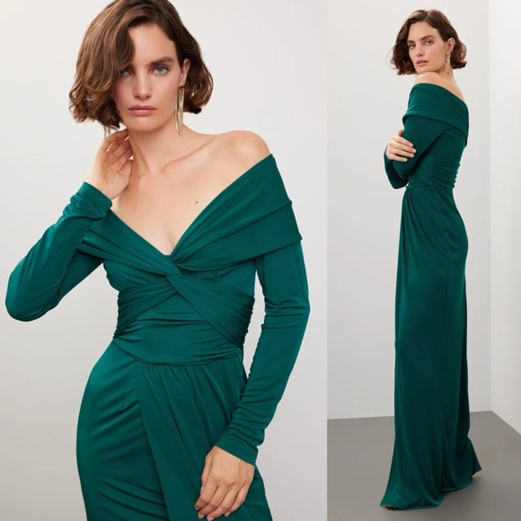 ZAC POSEN FOREST GREEN LONG SLEEVE JERSEY WRAPPED AROUND GOWN DRESS - Picture 2 of 15